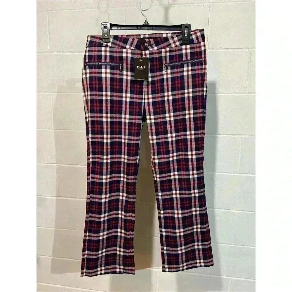 OAT New York Women Plaid Trouser Pants Red/White/Blue Straight Leg Preppy Career